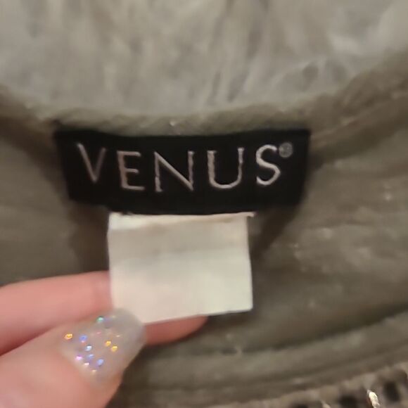 Venus womens dark green cotton long sleeve shirt with beaded and lace front - Picture 3 of 4